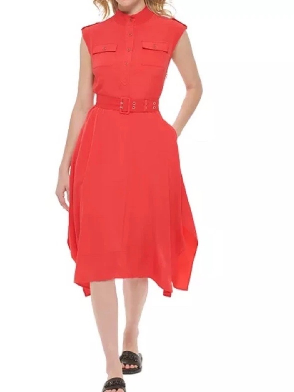Karl Lagerfeld Dress Womens 8 Handkerchief Hem Button Up Retro Belted